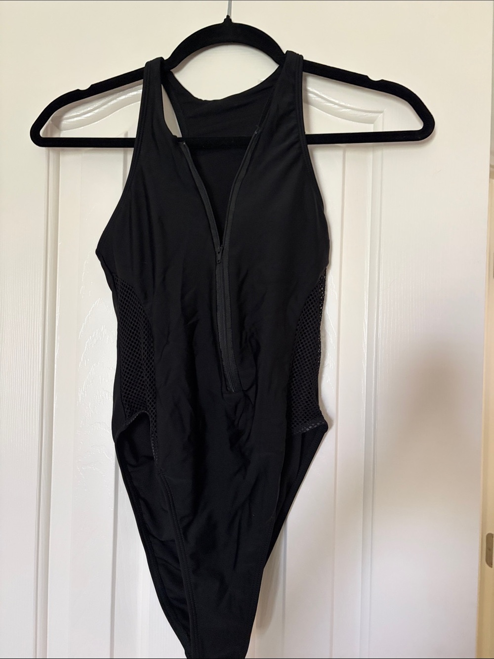 Black one piece padded zip up swimsuit